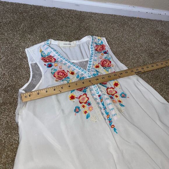 Sweet Jane top blouse embroidered top asymmetrical hem floral mixed media SZ L - Picture 7 of 9